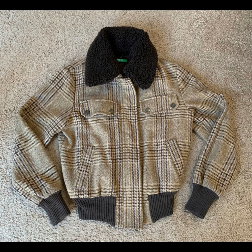 SOLD Benetton Brown and Creme Wool Blend Bomber